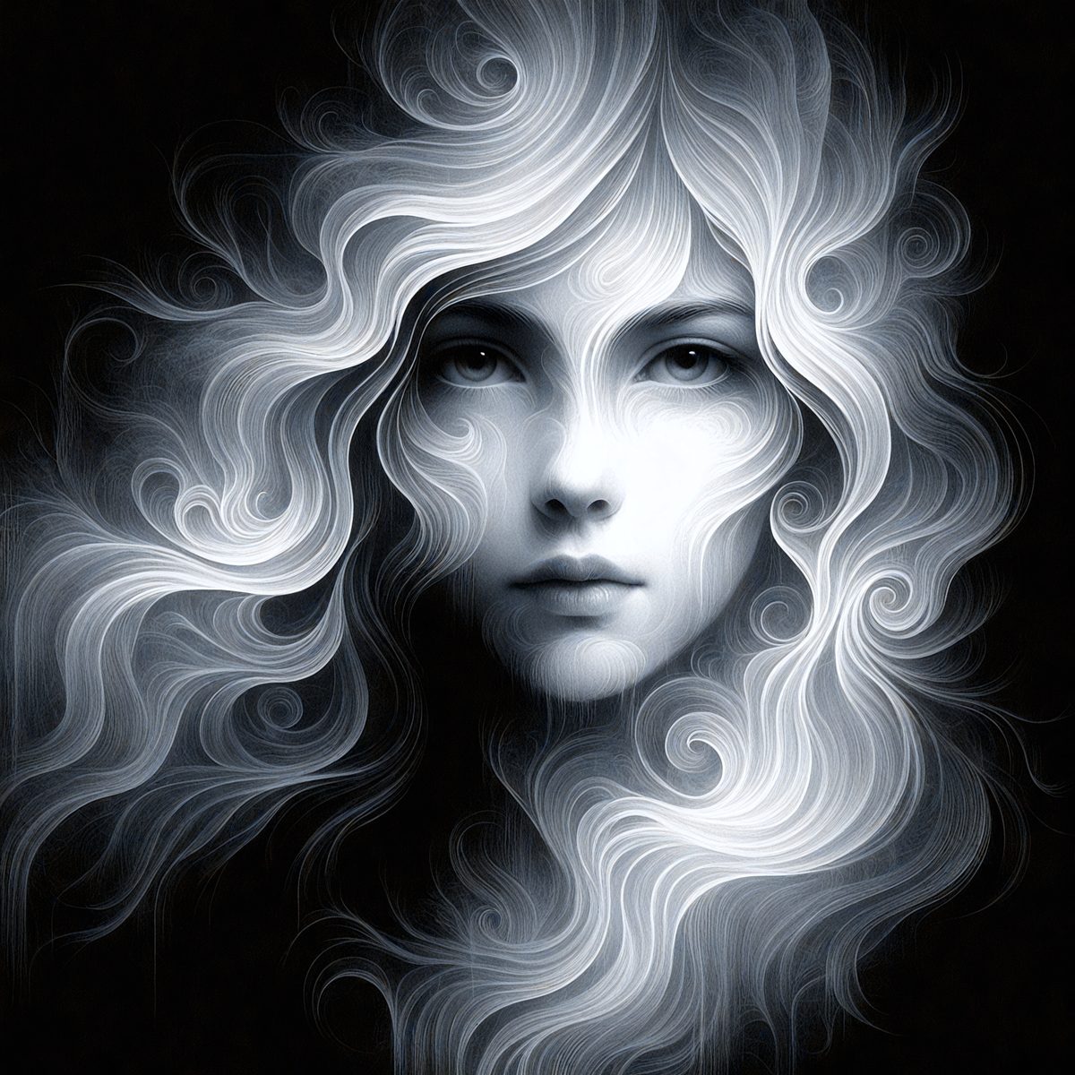 The primary subject of the image is a woman with blonde hair. She has a beautiful and elegant appearance. The setting is a dark background, which adds a dramatic and mysterious atmosphere to the scene. The visual style of the image is a digital art or illustration, showcasing the woman's features and the flowing hair in a detailed and artistic manner. The colors and mood of the image are predominantly dark and moody, with the woman's hair and features being the main focus of the composition.